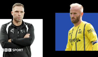John Eustace of Derby with arms folded looking tense in a box on the left, Barry Bannan of Sheffield Wednesday in a yellow away shirt with the captain's armband in a box on the right.