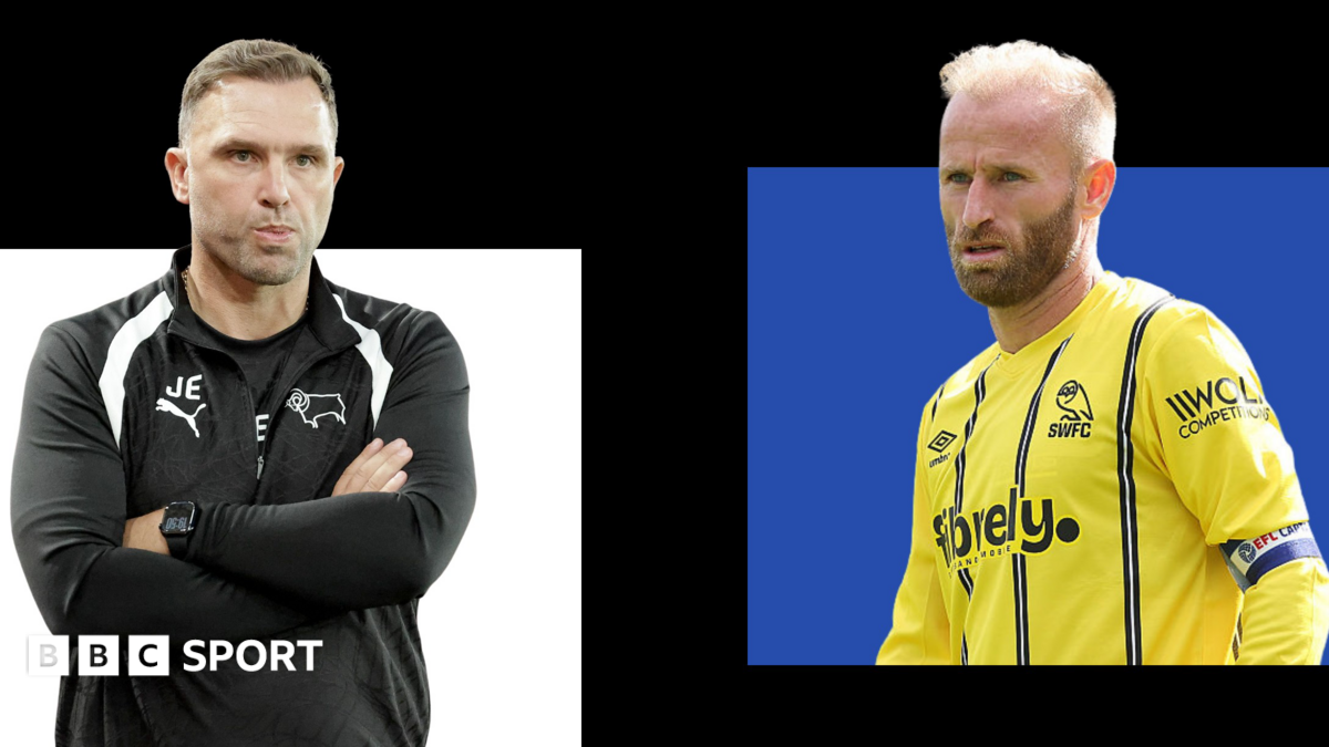 John Eustace of Derby with arms folded looking tense in a box on the left, Barry Bannan of Sheffield Wednesday in a yellow away shirt with the captain's armband in a box on the right.