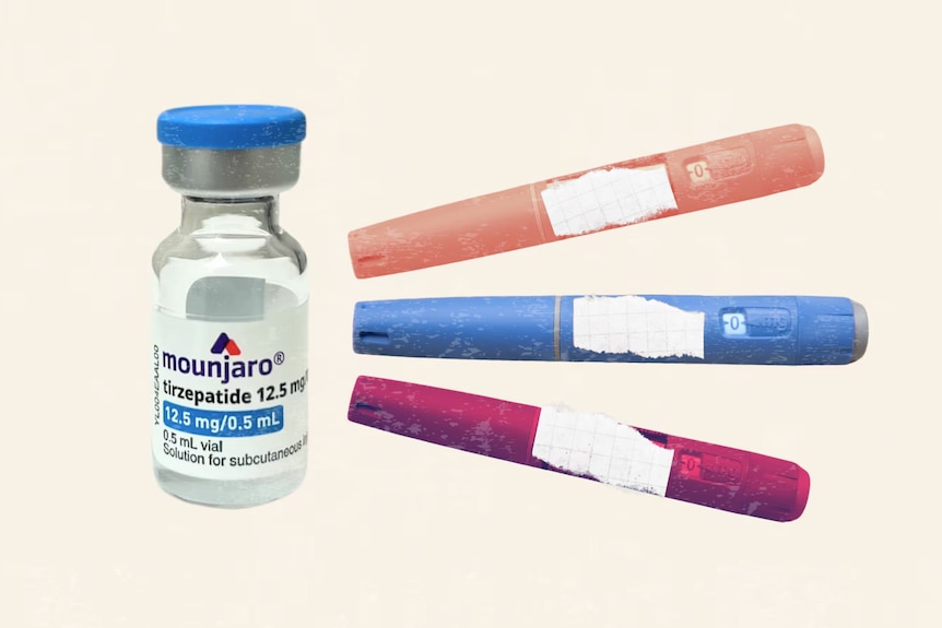 A bottle of injectable GLP-1 medication and three injectable pens