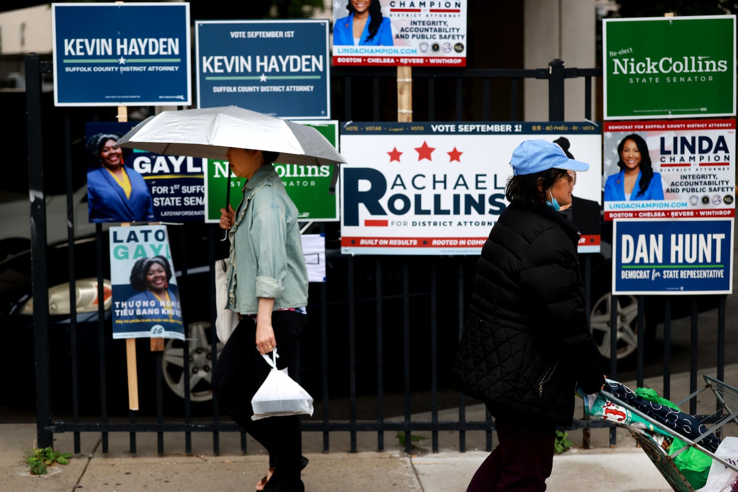 Candidates signs seen on Dorchester Avenue on the day of the Massachusetts primary election.