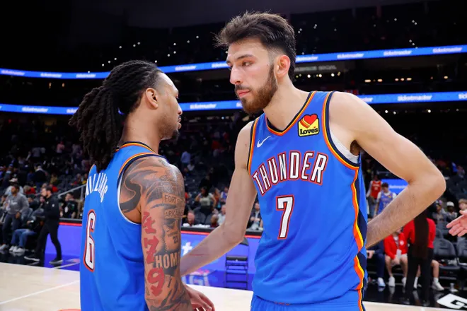 ATLANTA, GEORGIA - OCTOBER 25: Chet Holmgren #7 reacts with Jaylin Williams #6 of the Oklahoma City Thunder following the 117-100 victory over the Atlanta Hawks at State Farm Arena on October 25, 2025 in Atlanta, Georgia. NOTE TO USER: User expressly acknowledges and agrees that, by downloading and or using this photograph, User is consenting to the terms and conditions of the Getty Images License Agreement. (Photo by Todd Kirkland/Getty Images)