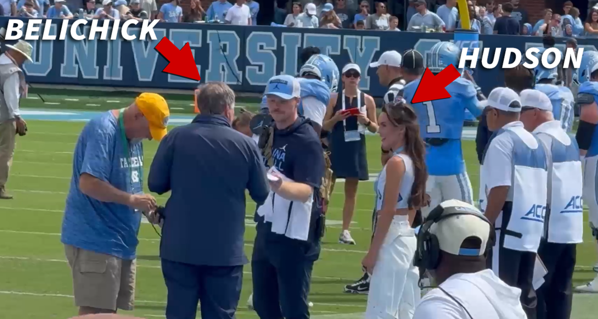 Bill Belichick's GF Jordon Hudson Looks Giddy on Sidelines Before UNC Game