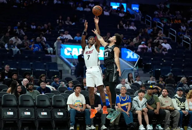 Ryan Conwell #7 of the Miami Heat shoots a three-point shot over Ja'Kobi Gillespie #17 during the first half in the California Classic a NBA Summer League game at Chase Center on July 03, 2026 in San Francisco, California. (Photo by Thearon W. Henderson/Getty Images)
