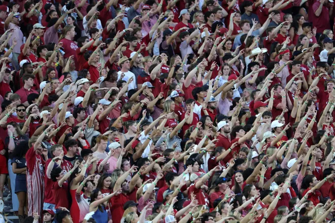 Sep 4, 2026; Norman, Oklahoma, USA; Oklahoma Sooners fans cheer during the during the first quarter against the Texas El Paso Miners at Gaylord Family-Oklahoma Memorial Stadium. Mandatory Credit: Kevin Jairaj-Imagn Images