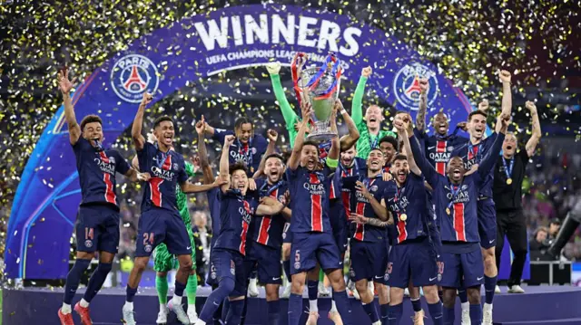 PSG lift the Champions League trophy