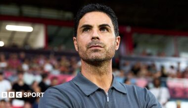 Mikel Arteta pictured on the touchline looking into the distance