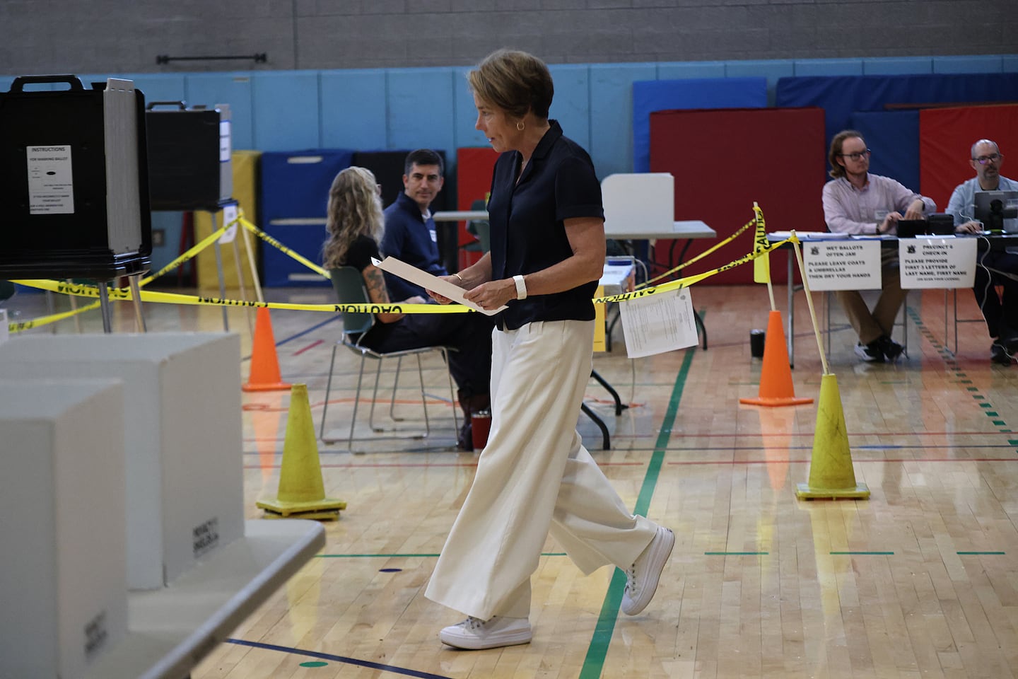 Governor Maura Healey votes at the Hardy Elementary Schoo in Arlington. 
