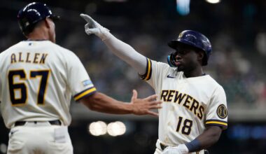 Milwaukee Brewers' Luis Lara (18) gestures after hitting an RBI single during the fifth inning of a baseball game against the Pittsburgh Pirates, Tuesday, Aug. 4, 2026, in Milwaukee.
