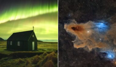 A split-screen image showing a black church under a green aurora on the left and a colorful nebula in deep space on the right.