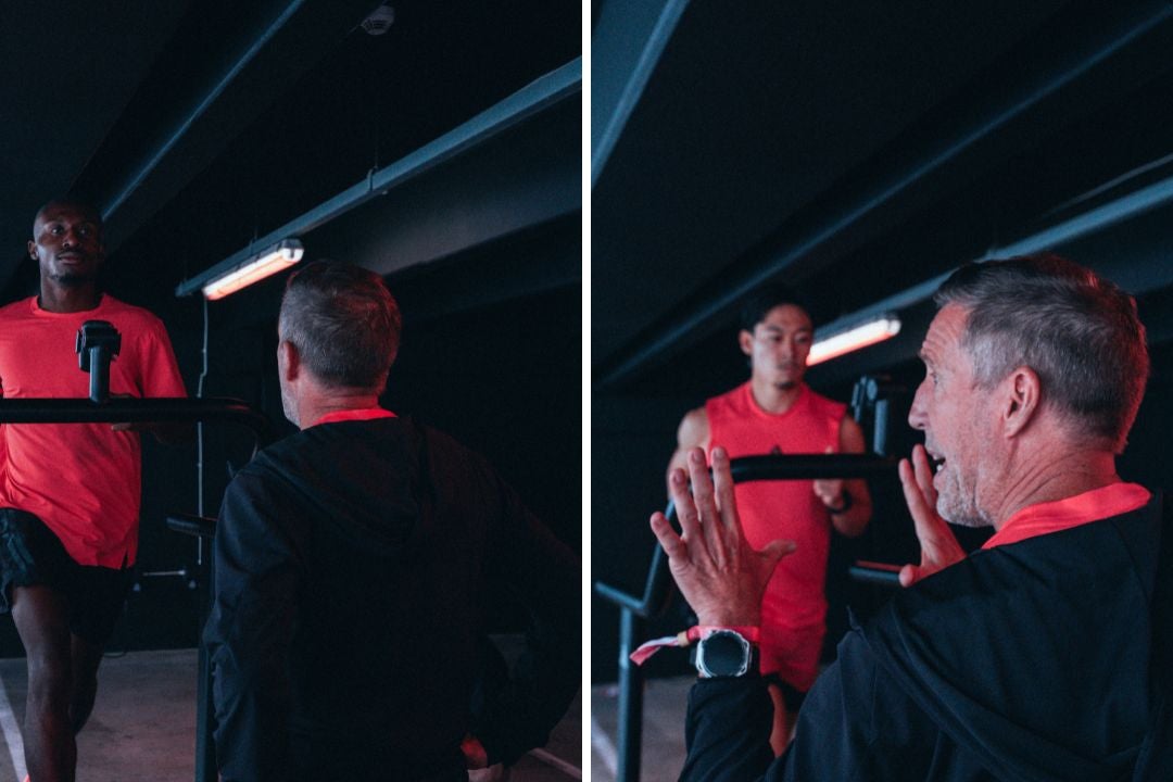 Aerobic capacity coach Chris Hinshaw teaching athletes how to learn their zone two breathing rhythm at the Adidas Go Full Hybrid event