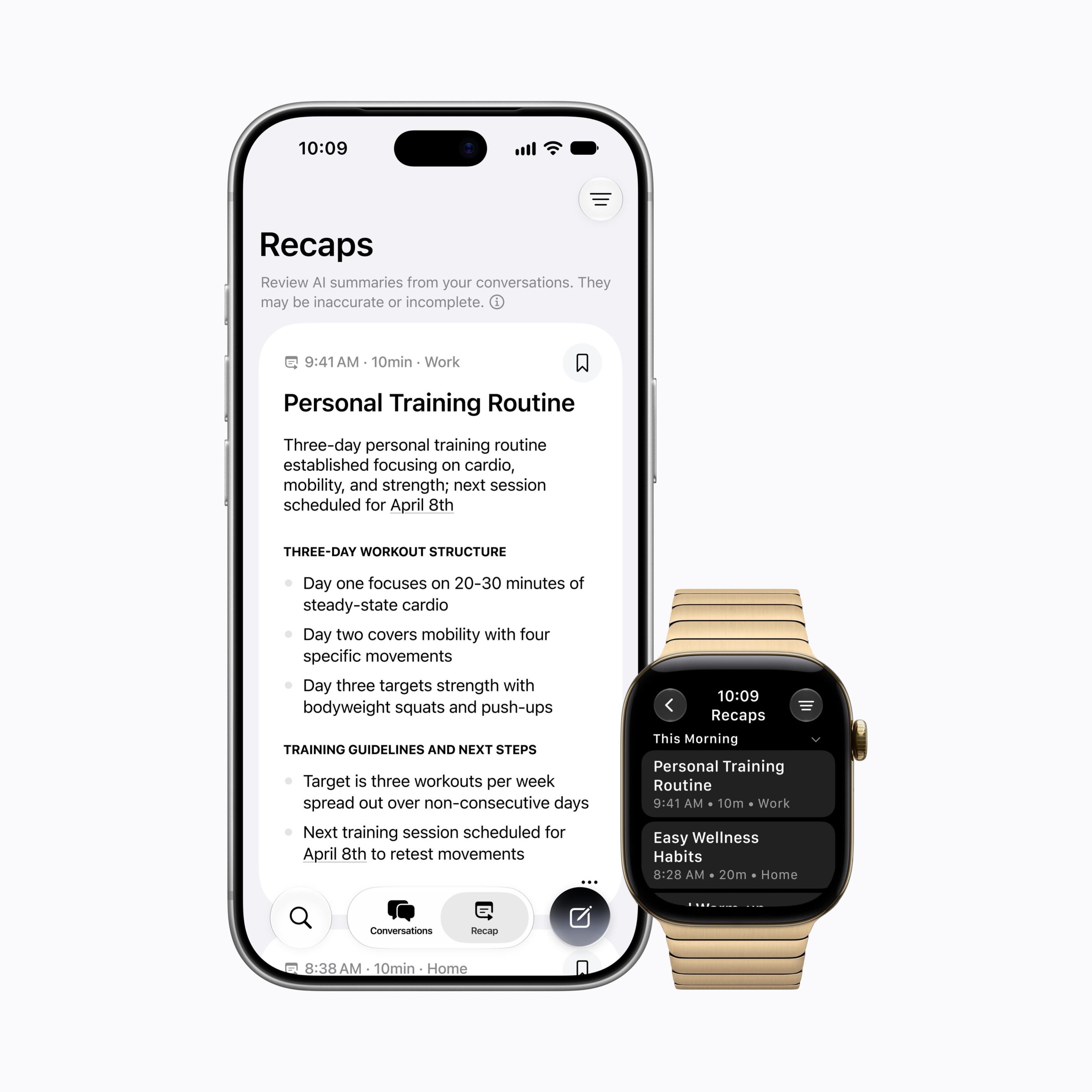 An Apple Watch and iPhone showing a Siri AI feature