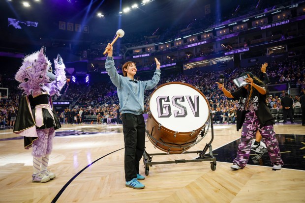 Golden State Valkyries' Kokoro Tanaka waves to fans before banging on the drum before a game against Portland Fire at Chase Center in San Francisco, Calif., on Friday, Sept. 18, 2026. (Shae Hammond/Bay Area News Group)