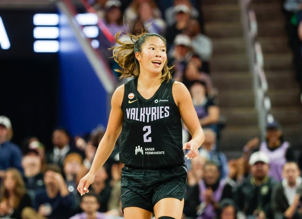 Golden State Valkyries' Kaitlyn Chen (2) celebrates after making a basket against the Portland Fire in the second quarter at Chase Center in San Francisco, Calif., on Friday, Sept. 18, 2026. (Shae Hammond/Bay Area News Group)