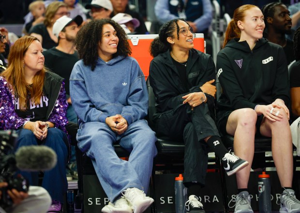 Golden State Valkyries' Gabby Williams (1), right, and Golden State Valkyries' Janelle Salaün (13), left, sit on the bench during a game against the Portland Fire at Chase Center in San Francisco, Calif., on Friday, Sept. 18, 2026. (Shae Hammond/Bay Area News Group)