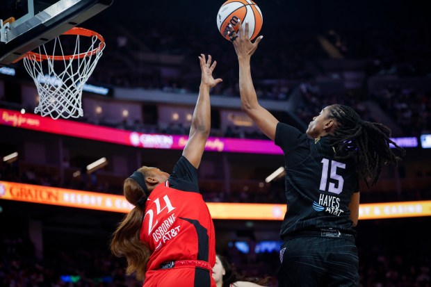 Golden State Valkyries' Tiffany Hayes (15) takes a shot against Portland Fire's Charisma Osborne (24) in the third quarter at Chase Center in San Francisco, Calif., on Friday, Sept. 18, 2026. (Shae Hammond/Bay Area News Group)