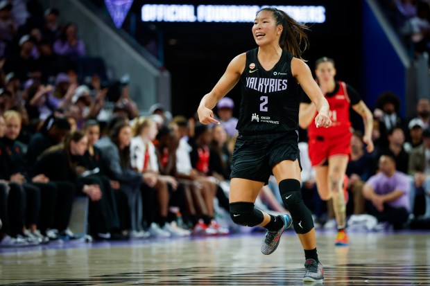 Golden State Valkyries' Kaitlyn Chen (2) celebrates making a three-point shot against the Portland Fire in the fourth quarter at Chase Center in San Francisco, Calif., on Friday, Sept. 18, 2026. (Shae Hammond/Bay Area News Group)