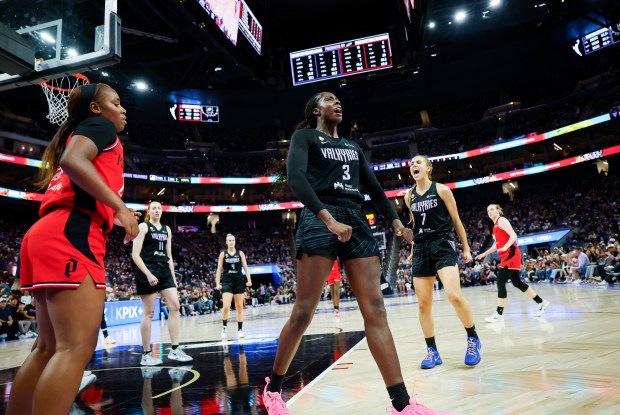 Golden State Valkyries' Laeticia Amihere (3) celebrates blocking a shot with Golden State Valkyries' Miela Sowah (7) against Portland Fire's Charisma Osborne (24) in the fourth quarter at Chase Center in San Francisco, Calif., on Friday, Sept. 18, 2026. (Shae Hammond/Bay Area News Group)