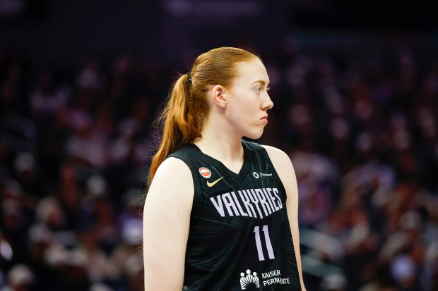 Golden State Valkyries' Ashten Prechtel (11) stands on the court during a game against the Portland Fire in the fourth quarter at Chase Center in San Francisco, Calif., on Friday, Sept. 18, 2026. (Shae Hammond/Bay Area News Group)