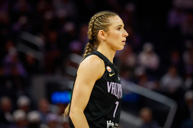 Golden State Valkyries' Miela Sowah (7) stands on the court during a game against the Portland Fire in the fourth quarter at Chase Center in San Francisco, Calif., on Friday, Sept. 18, 2026. (Shae Hammond/Bay Area News Group)