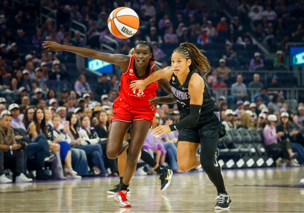 Golden State Valkyries' Veronica Burton (22) runs after the ball against Portland Fire's Nyadiew Puoch (13) in the fist quarter at Chase Center in San Francisco, Calif., on Friday, Sept. 18, 2026. (Shae Hammond/Bay Area News Group)