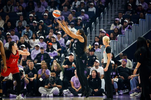 Golden State Valkyries' Kiah Stokes (41) takes a shot against Portland Fire's Megan DiLeo (17) in the fist quarter at Chase Center in San Francisco, Calif., on Friday, Sept. 18, 2026. (Shae Hammond/Bay Area News Group)