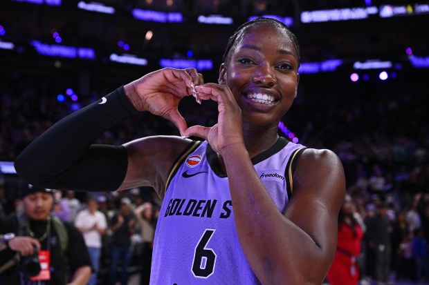 Golden State Valkyries' Kaila Charles (6) gestures after defeating the Seattle Storm during their WNBA game at Chase Center in San Francisco, Calif., on Saturday, Sept. 19, 2026. The Golden State Valkyries defeated the Seattle Storm 70-57. (Jose Carlos Fajardo/Bay Area News Group)