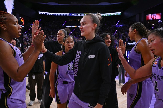 Golden State Valkyries' Juste Jocyte (4) high fives teammate Kayla Thornton (5) after their WNBA game at Chase Center in San Francisco, Calif., on Saturday, Sept. 19, 2026. The Golden State Valkyries defeated the Seattle Storm 70-57. (Jose Carlos Fajardo/Bay Area News Group)