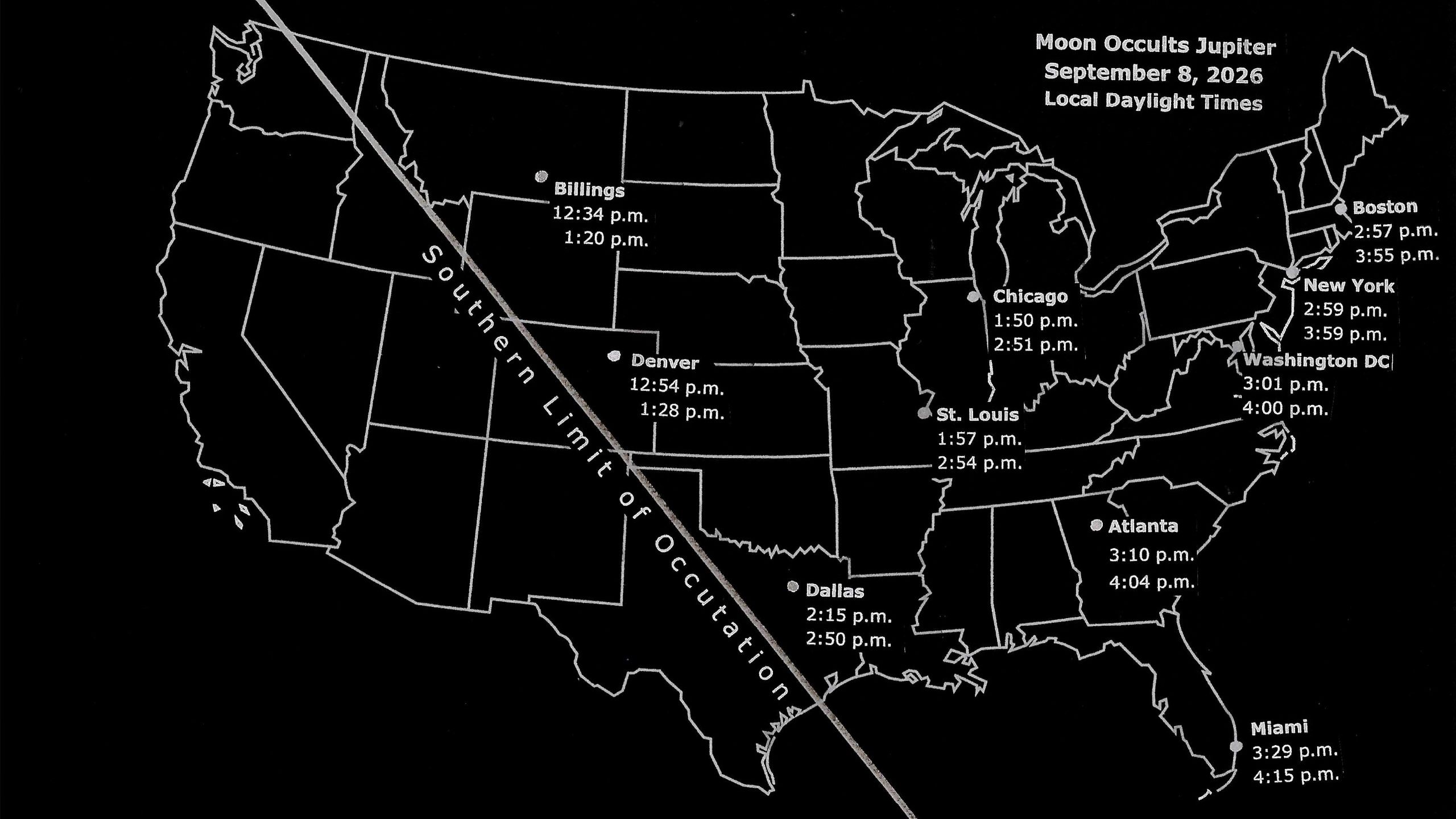 map of the US showing where the jupiter occultation is visible from on sept 8.