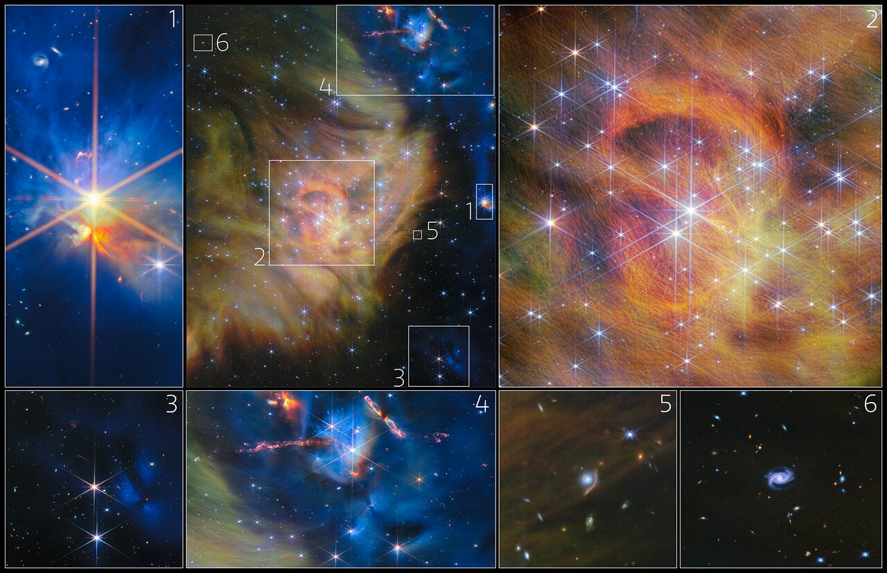 The JWST image divided into 6 boxes revealing specific details