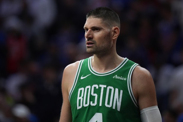 Boston Celtics' Nikola Vucevic plays during Game 3 in a first-round NBA playoffs basketball series Friday, April 24, 2026, in Philadelphia. (AP Photo/Matt Slocum)