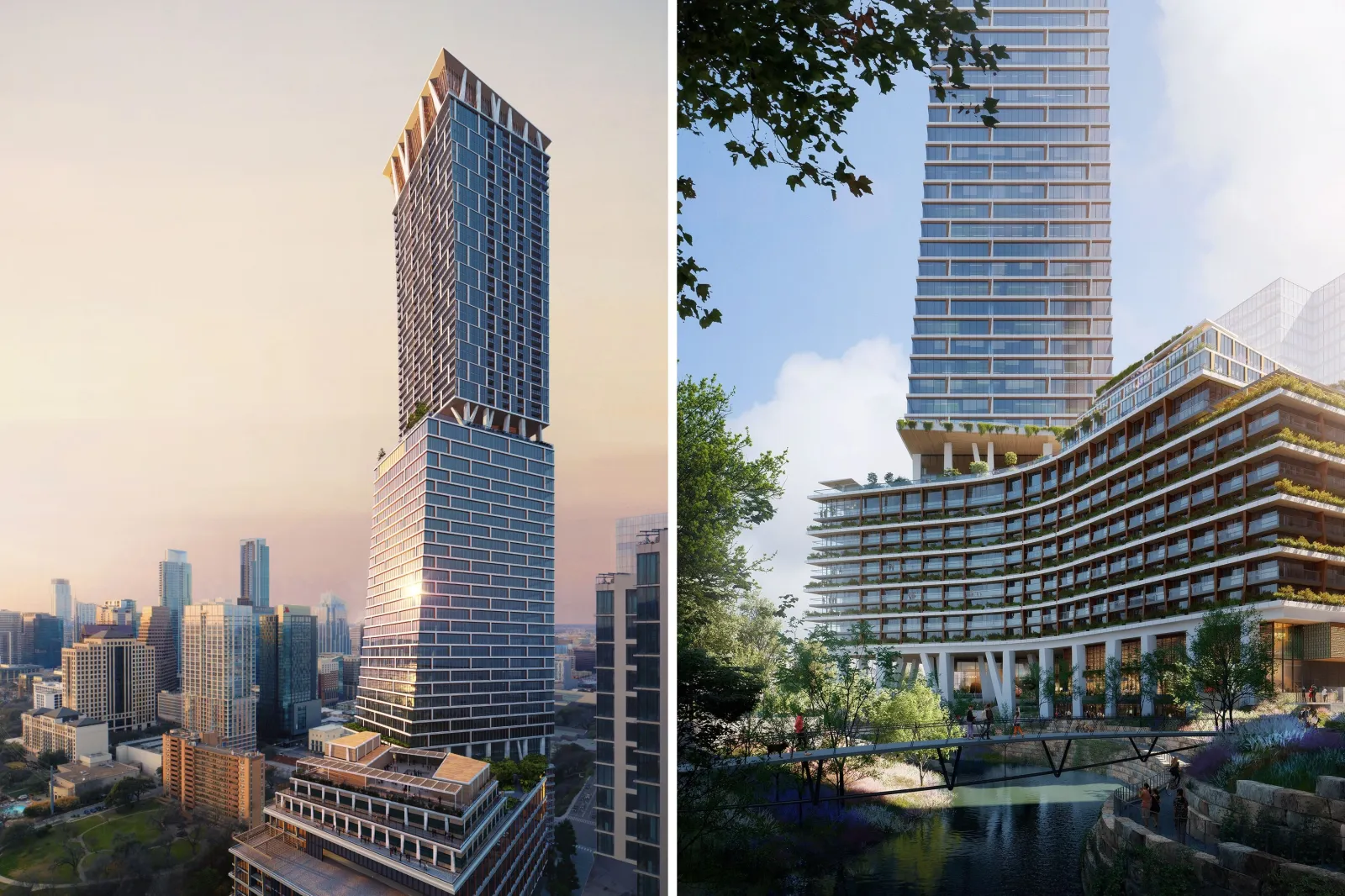 A rendering of a view of Waterline looking west (left); a rendering of the exterior of 1 Hotel Austin.