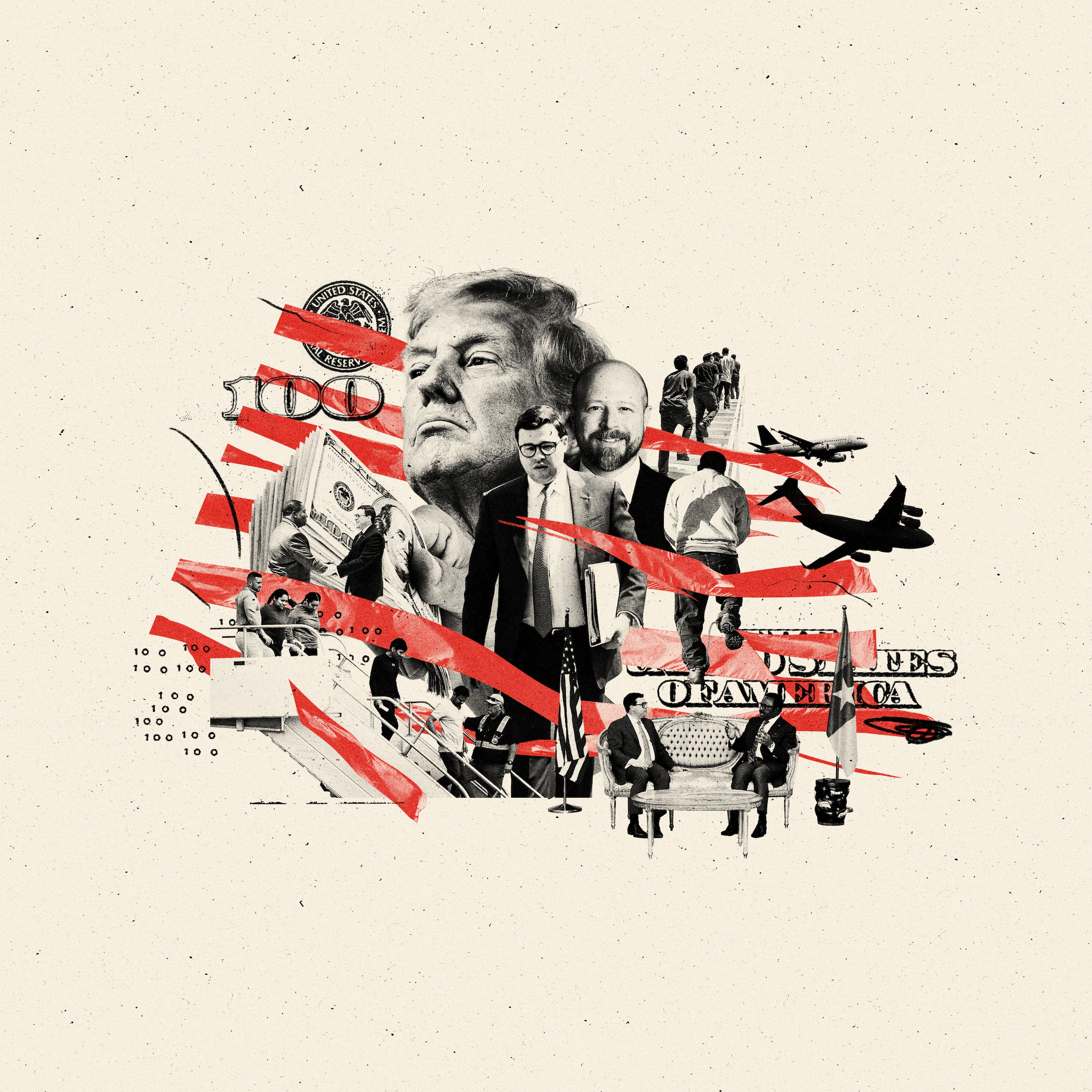 Photo illustration collage centered on Donald Trump, surrounded by U.S. officials, stacks of cash, airplanes, and migrants being escorted onto flights. Red stripes weave through the black-and-white images over fragments of the U.S. currency.