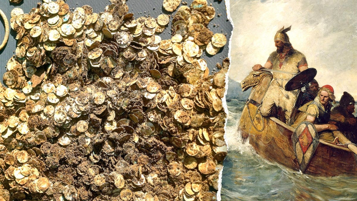 View of dirt-covered hoard next to painting of Viking