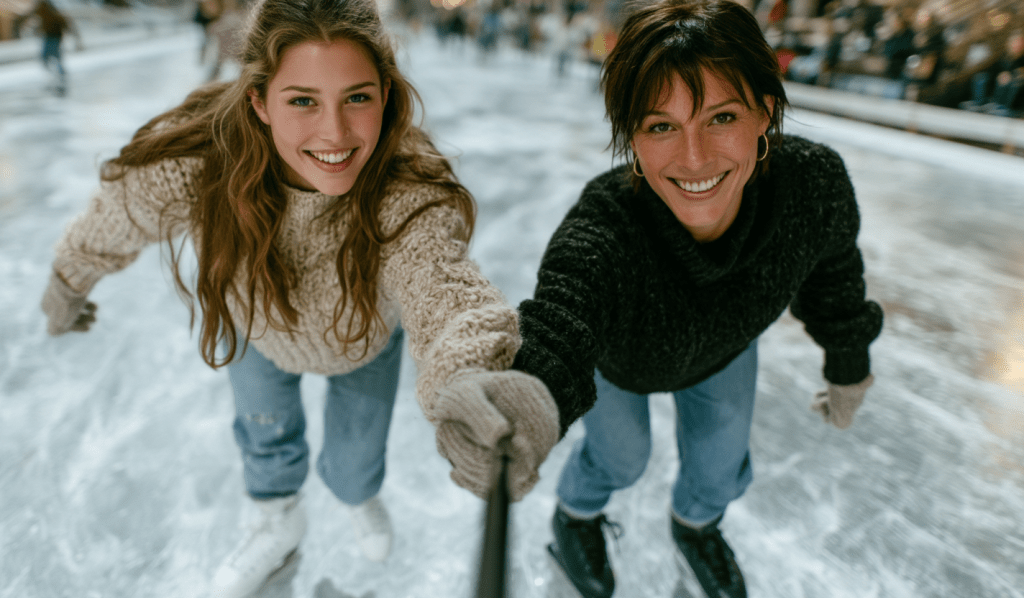 On the left, Sarah, my second daughter, and on the right, Jocelyne, without whom I would be only a shadow of myself. Here they are ice skating while waiting for the start of Charly’s match. Jocelyne goes to almost all of our son’s matches.

