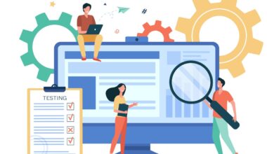 Illustration representing a group of people conducting software QA testing. Shows gears in the background. Several small people with a magnifying glass and a checklist checking a large software interface.