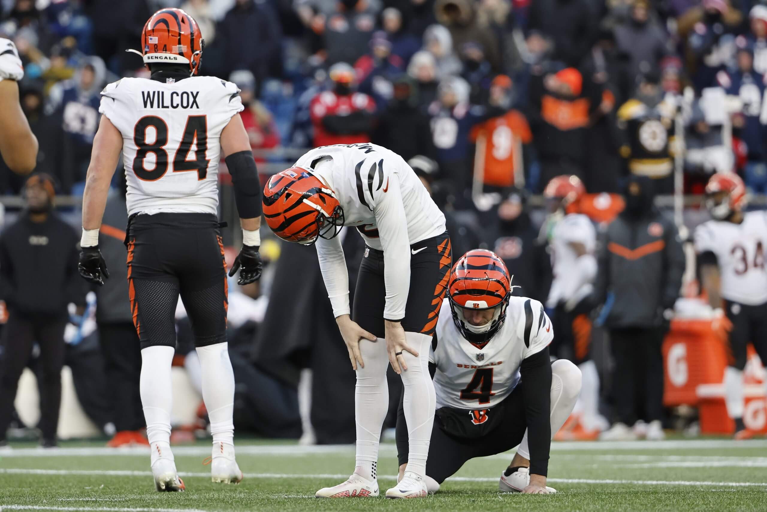 Evan McPherson of the Cincinnati Bengals reacts after a missed field goal during a road game against the Patriots in December, 2022