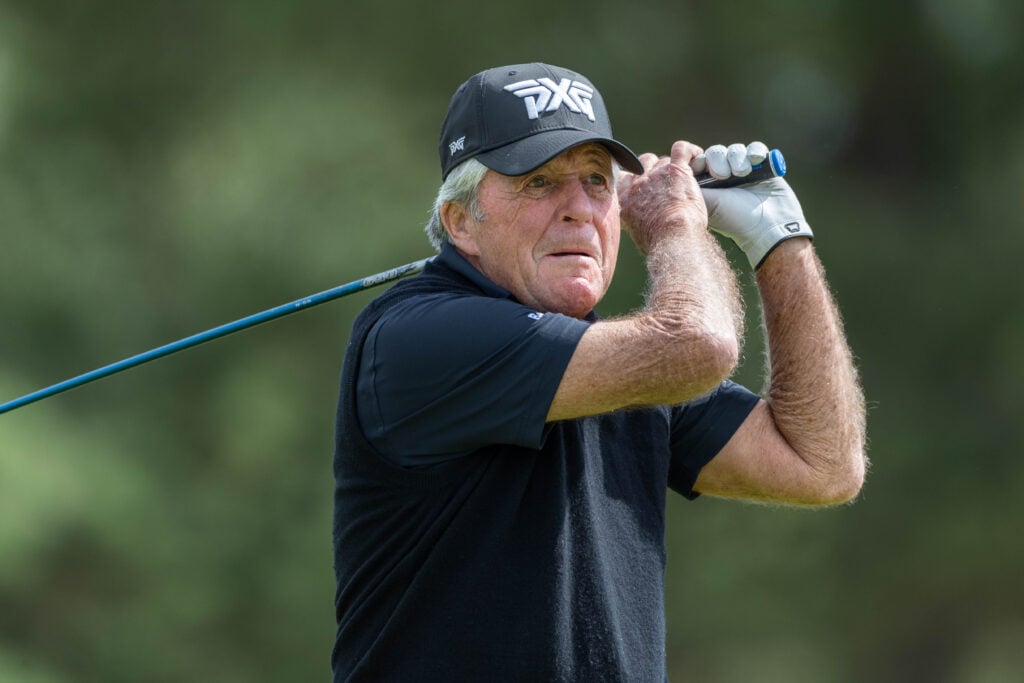 Gary Player hits a tee shot during the pro-am ahead of the 2024 Senior Open Championship