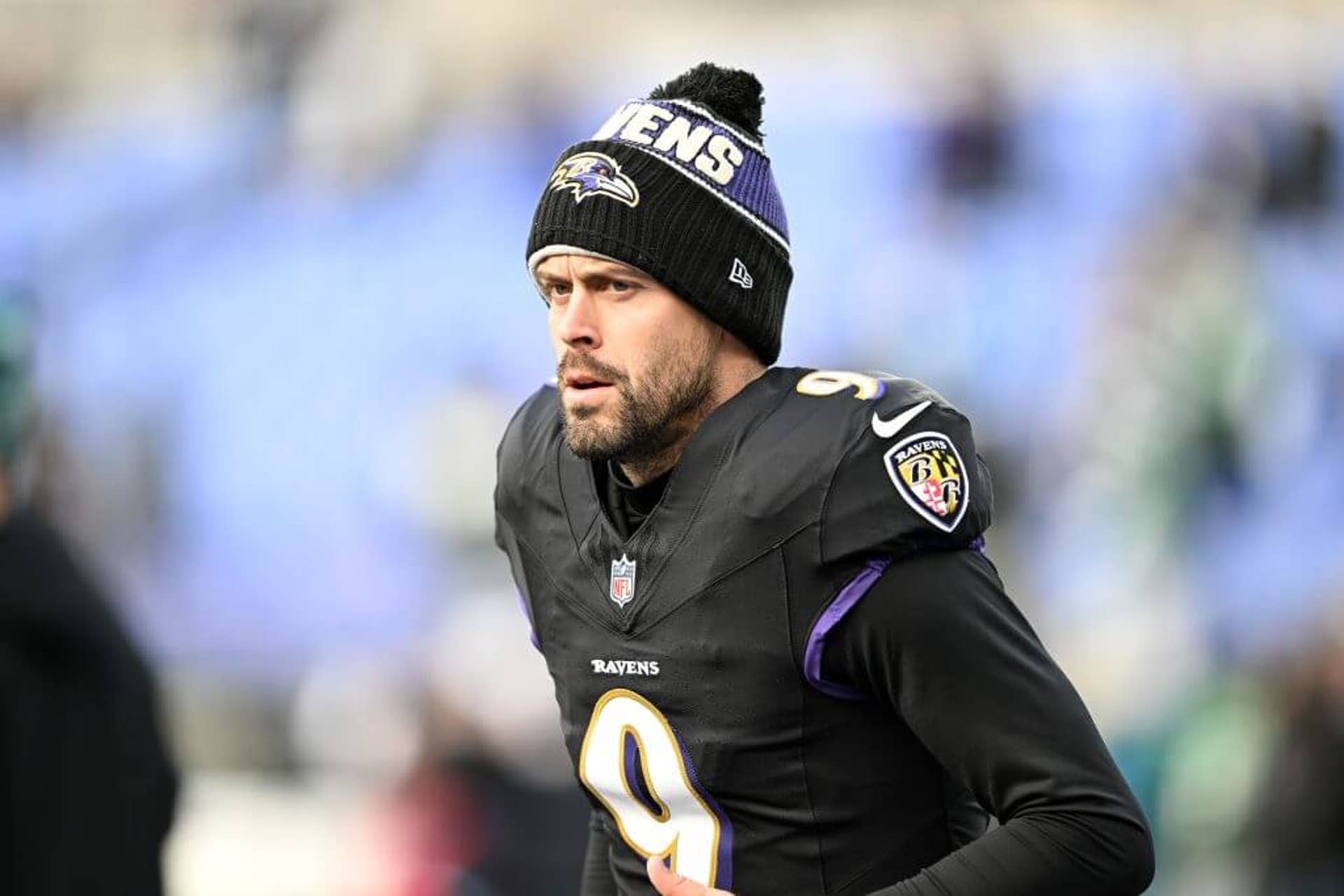 Ravens kicker Justin Tucker warms up while wearing a sock cap prior to a game against the Philadelphia Eagles.