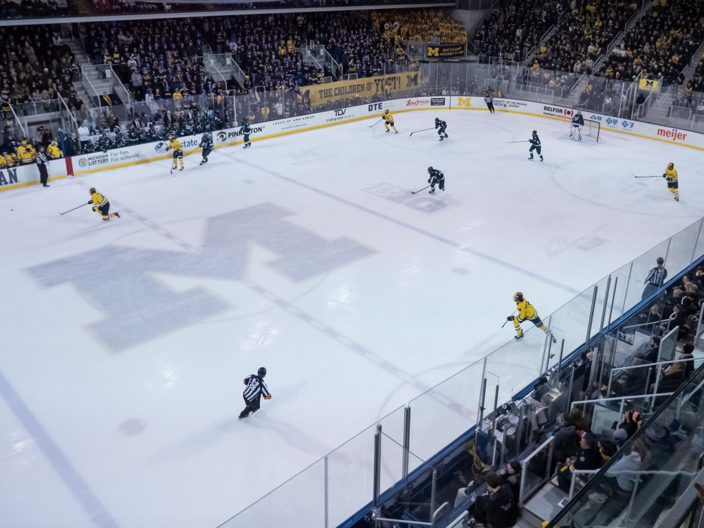 A general view of Yost Ice Arena during a men's college hockey game between the Michigan State Spartans and the Michigan Wolverines on February 06, 2026