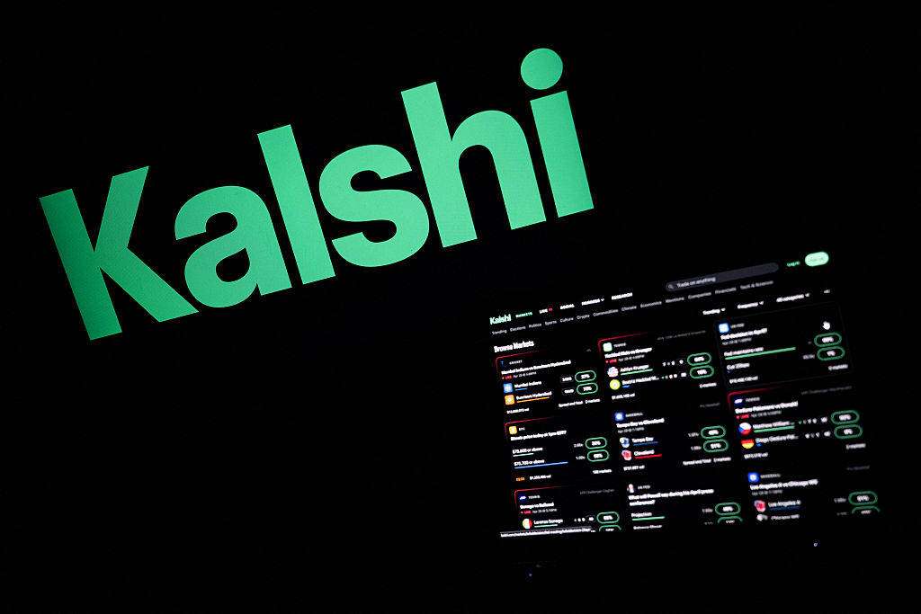 Green Kalshi logo on a black background with a computer screen in the corner.