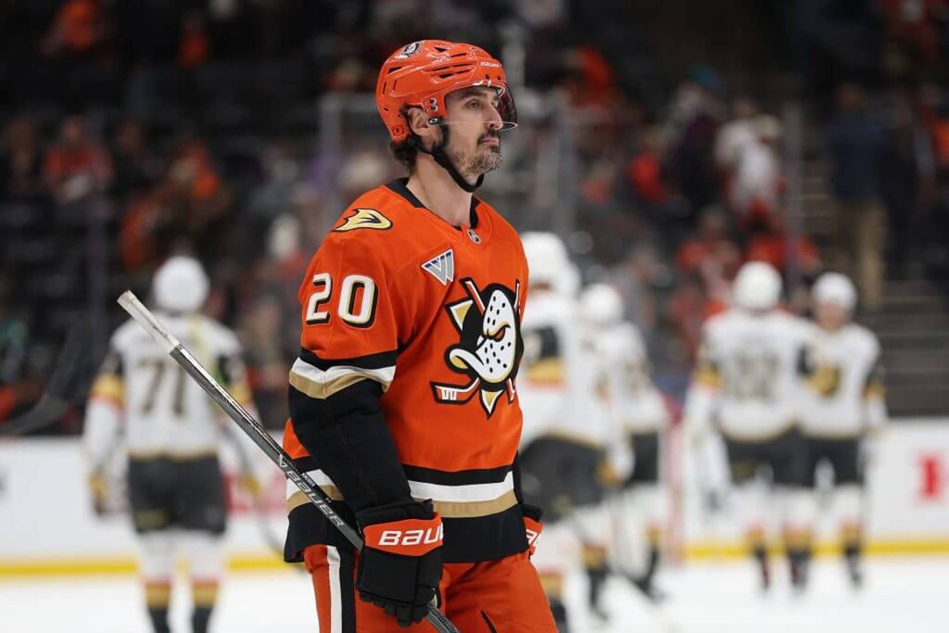 Chris Kreider of the Anaheim Ducks stands on the ice during Game 3 of the second round of the 2026 Stanley Cup playoffs against the Vegas Golden Knights.