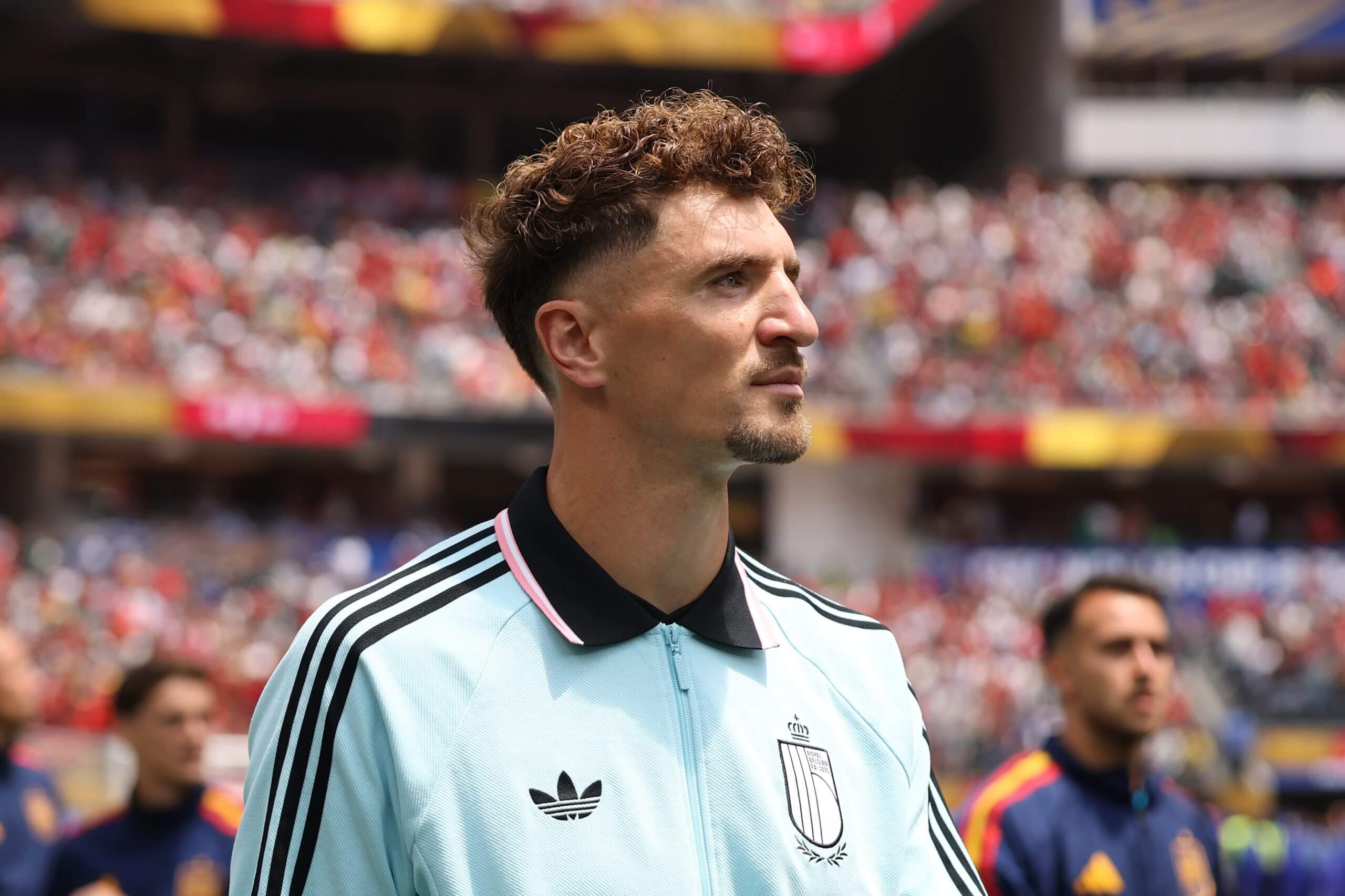 Thomas Meunier surveys the scene at Los Angeles Stadium ahead of Belgium's World Cup quarter-final against Spain