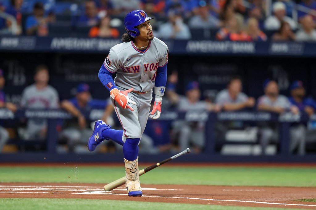 Francisco Lindor watches his home run against the Tampa Bay Rays during the first inning of a baseball game at Tropicana Field on September 1, 2026 in St. Petersburg, Florida.