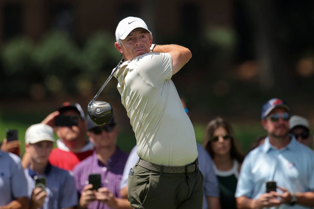 Rory McIlroy hits a tee shot during the final round of the Tour Championship