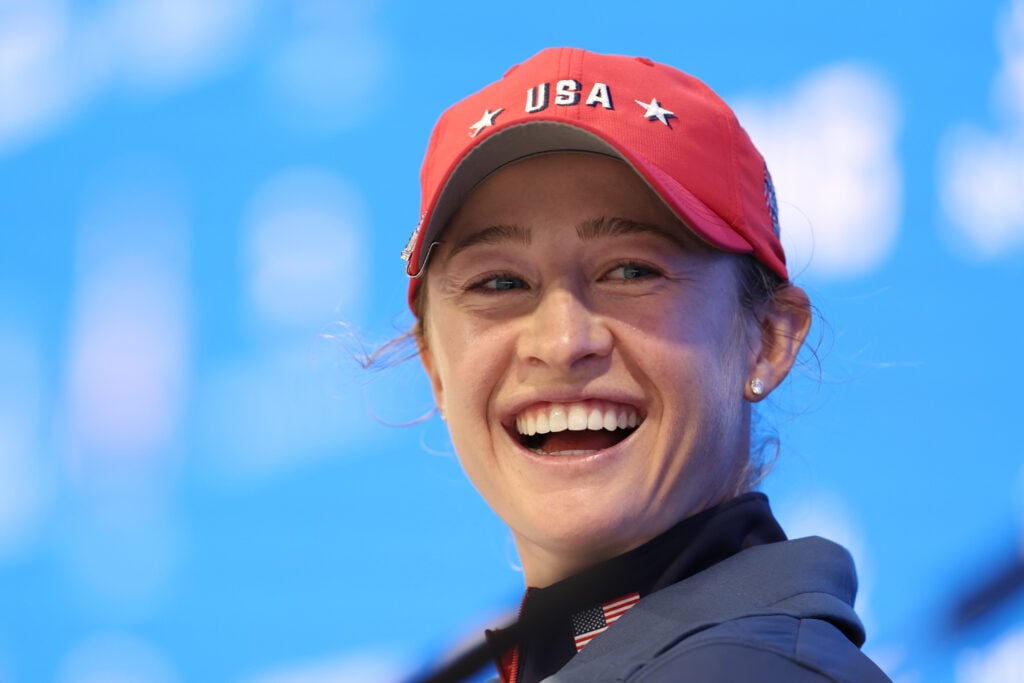Nelly Korda speaks to the media ahead of the Solheim Cup