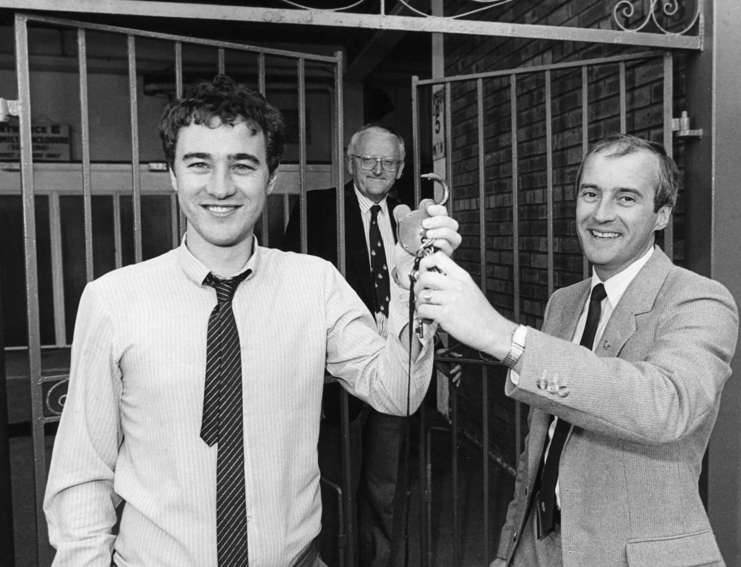 Middlesbrough chairman Steve Gibson (left) and director Graham Fordy celebrate as the padlocks come of the gates of Ayresome Park in August 1986