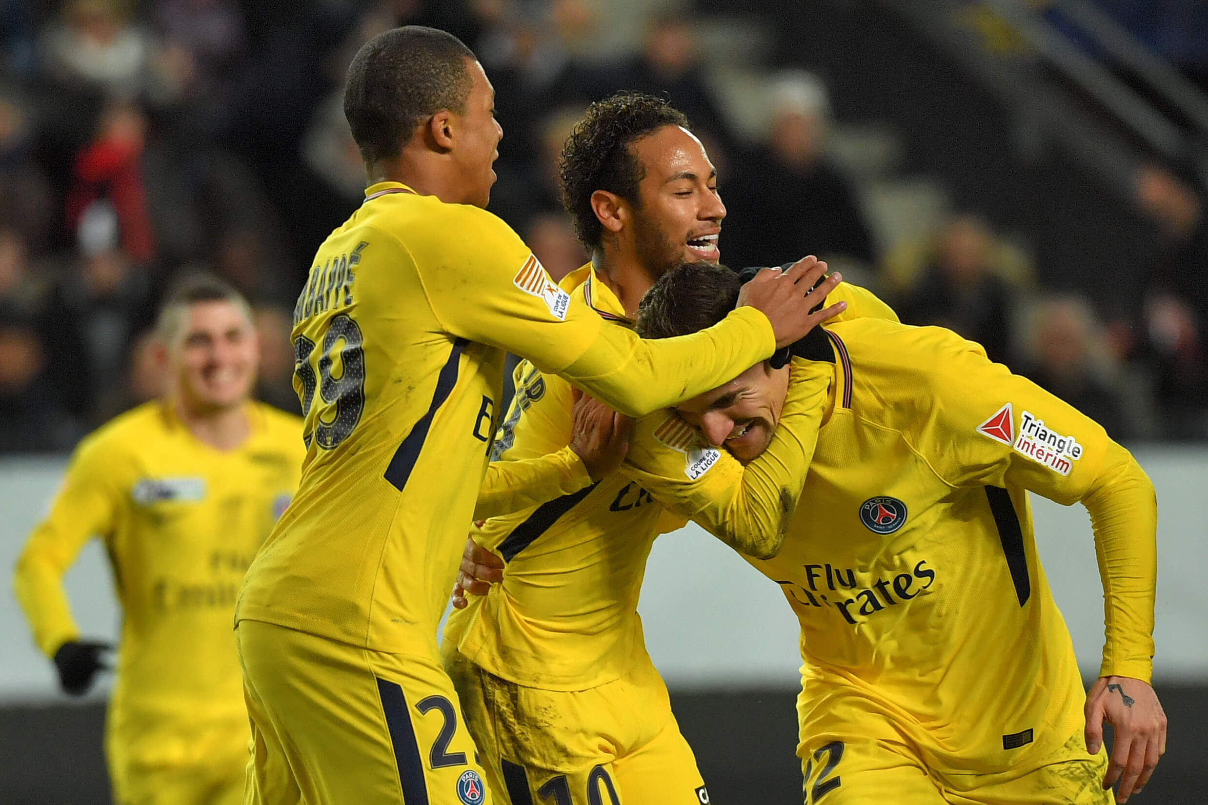 Kylian Mbappe and Neymar congratulate Thomas Meunier after his goal for PSG against Rennes in January 2018