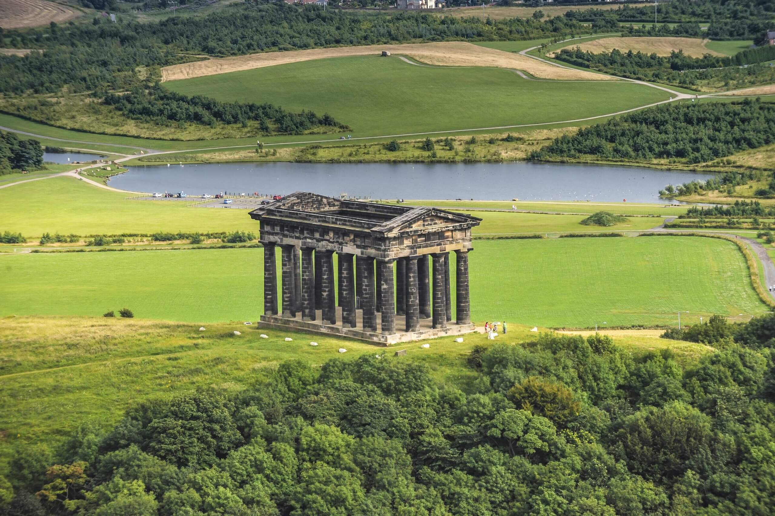An aerial view of the Penshaw Monument above Sunderland