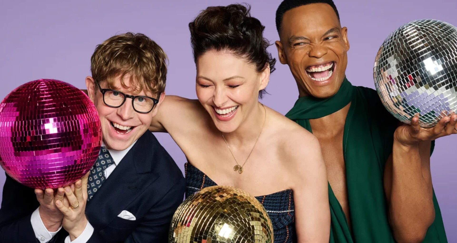 Josh Widdicombe, Emma Willis, and Johannes Radebe in promotional image for "Strictly Come Dancing 2026"