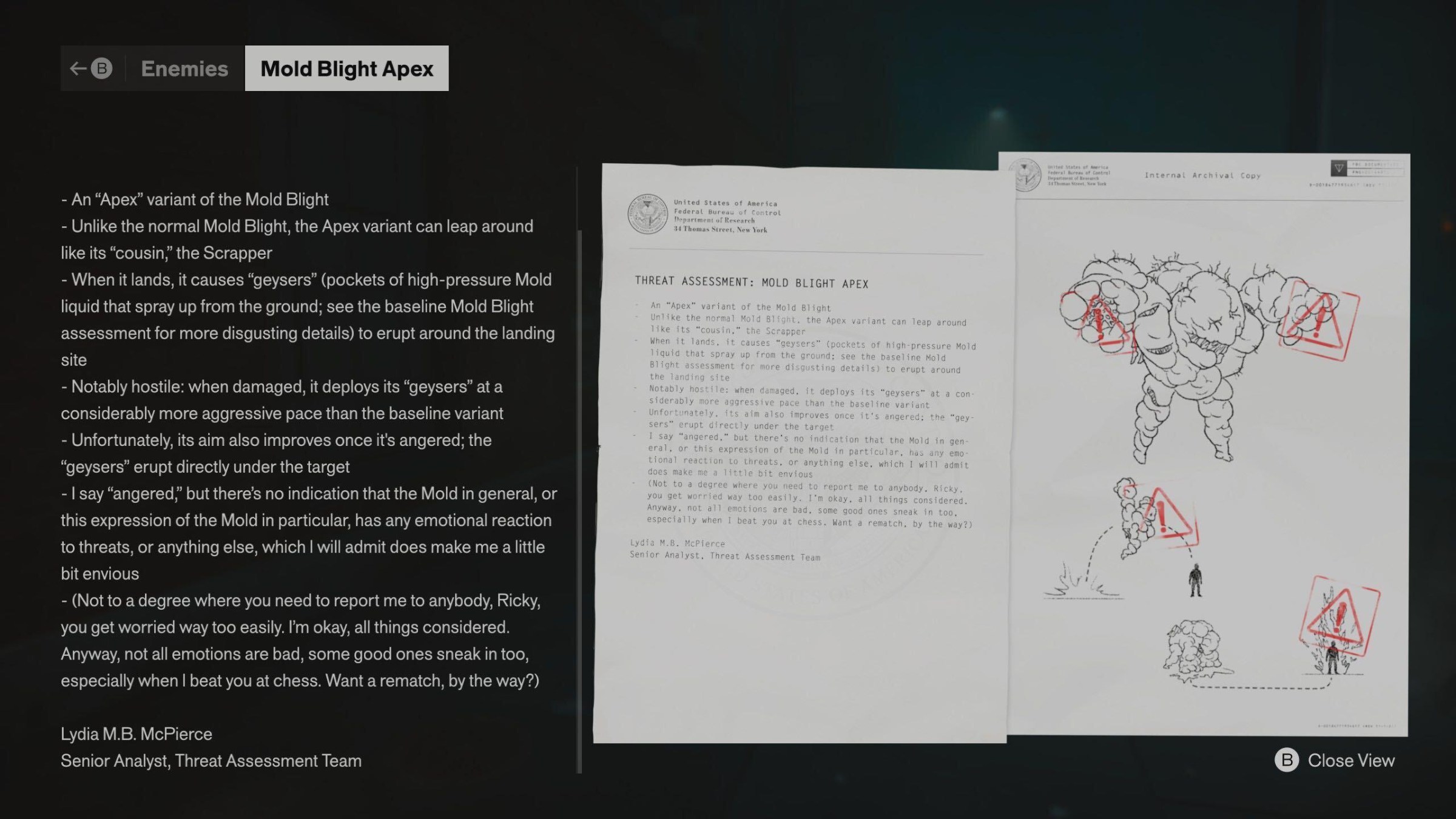 An official-looking document about the Mold Blight Apex enemy in Control Resonant. The author sassily describes the enemy’s “geysers” of mold spores and refers to another document “for more disgusting details.” At the end, she teases her coworker about beating him at chess, calls him by a nickname, and asks for a rematch.